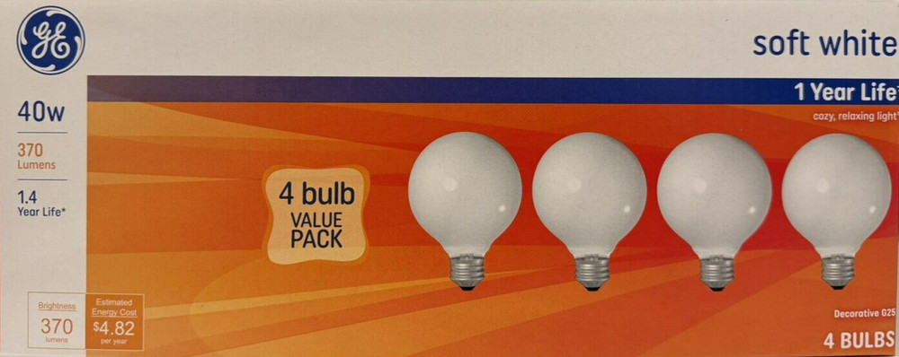 4 GE 40W Opaque White G25 Globe Light w/Standard Medium Base