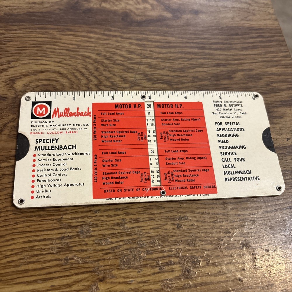 Mullenbach Slide Rule , Motor HP/ Wire Size Table 1950s