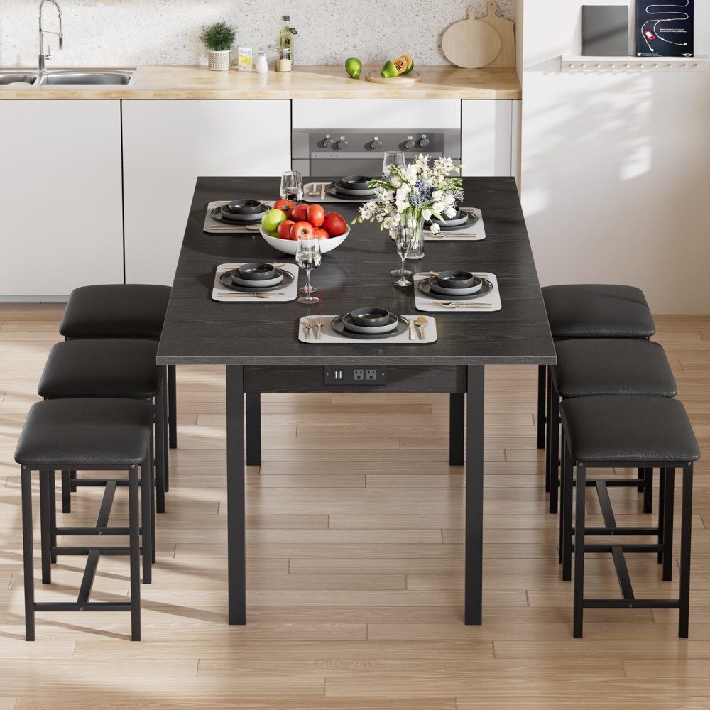 Extendable Dining Table Set with USB Charging, Kitchen Table with 6 Stools Black