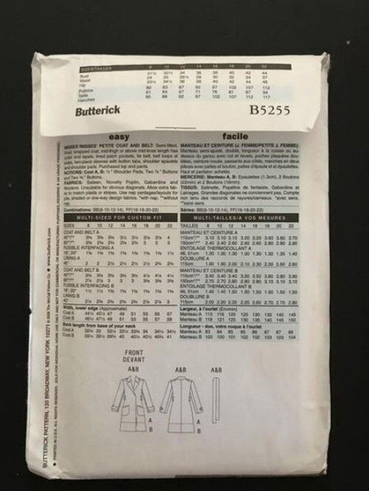 #B5255 Butterick womens coat pattern 16-22