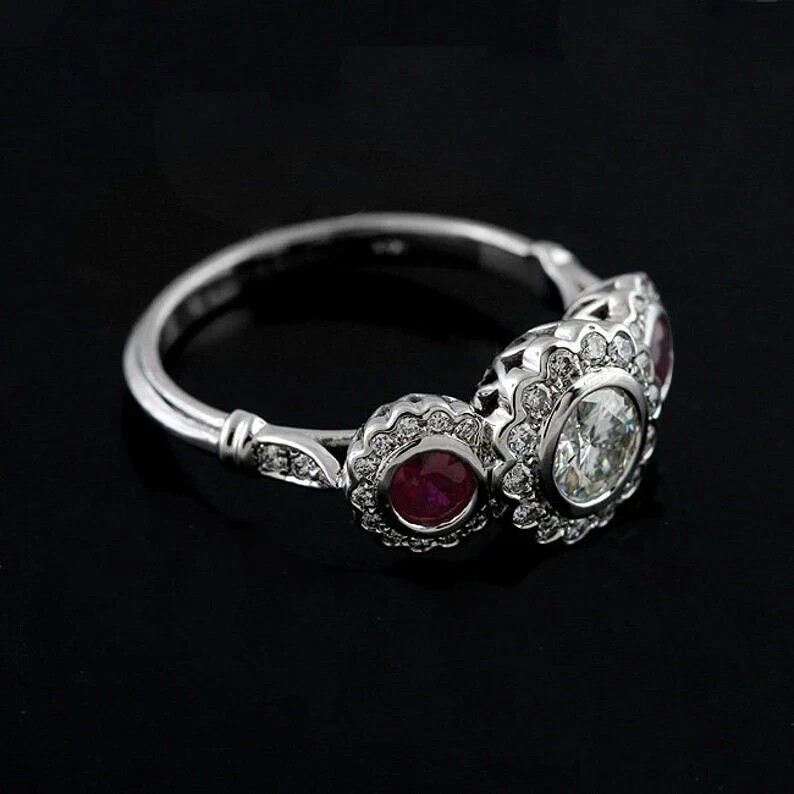 2Ct Art Deco Style Lab Created Diamond & Ruby Engagement 14K White Gold FN Ring