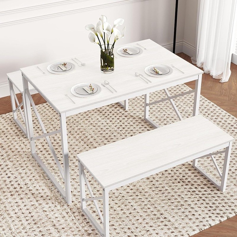 Space Saving Dining Table Set W/ 2 Benches Sturdy Waterproof Easy Assembly New