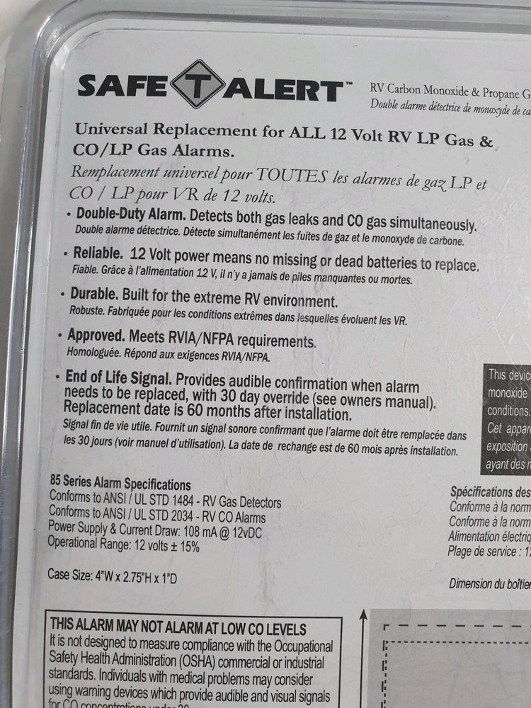 Safe-T-Alert MTI INDUSTRIES-Propane Carbon Monoxide Detector Model 85-741 BL-TR