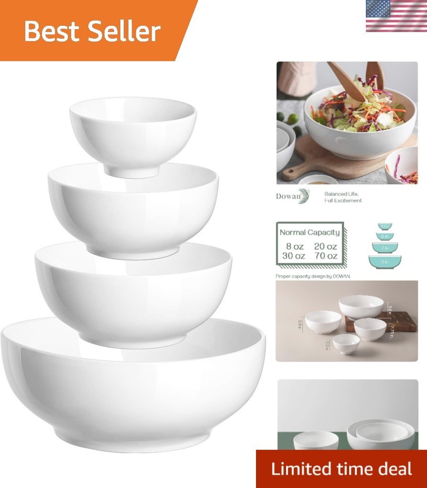Versatile Mixing Bowl Set - 4 Soft White Ceramic Bowls for Every Kitchen Need