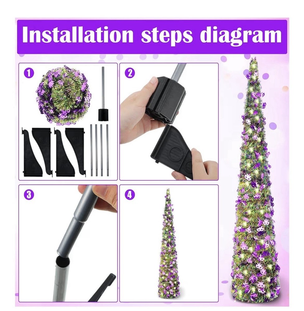 5 ft Pop up Mardi Gras Tree Collapsible Tinsel Artificial Pencil Tree