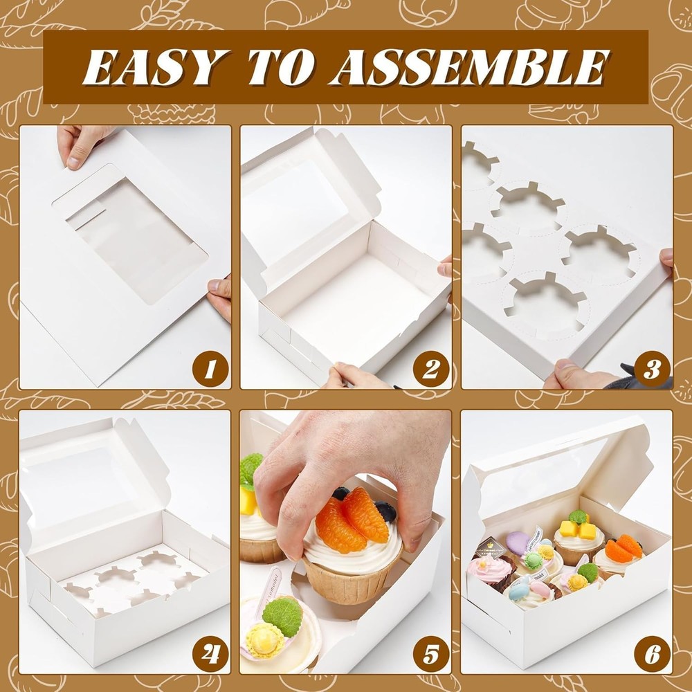 6 Pack Cupcake Boxes with Inserts 6 Holders, White Standard Bakery Boxes with Wi