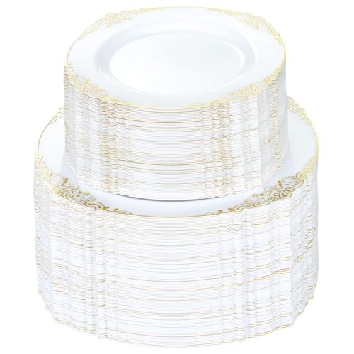 PCS White and Plastic Plates for 100 Guests Disposable Plates Include 200 Gold