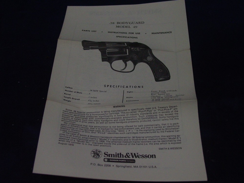 Smith Wesson MODEL 49 BODYGUARD Instructions Manual With Additional Paperwork