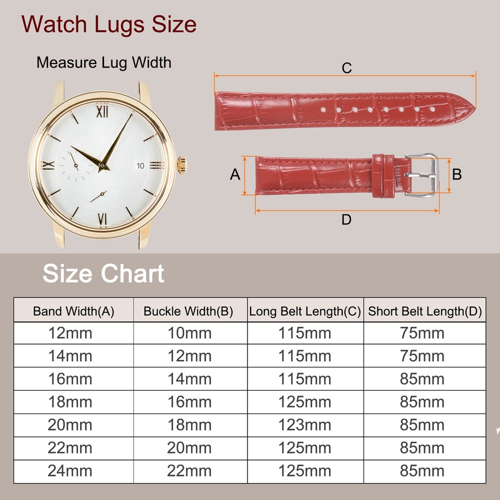 Leather Watch Band 24mm Embossed Cowhide Strap with Spring Bars Red
