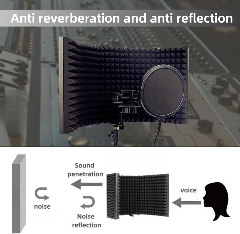 Microphone Isolation Shield with Pop Filter & Stand and Phone Clip, Foldable ...