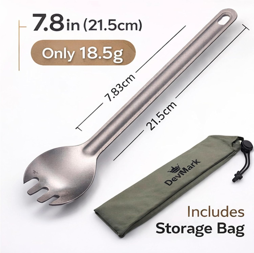 DevMark Titanium Long Handle Spork Ultralight Camping Spoon Fork, Silver