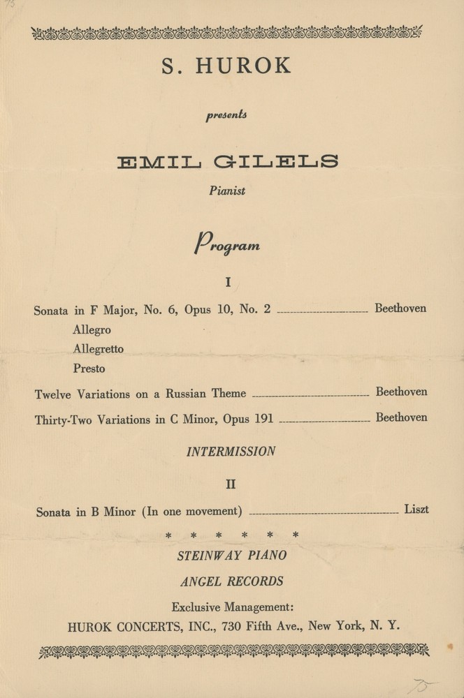Emil GILELS: Signed Recital Program (PIANO) (PIANIST)