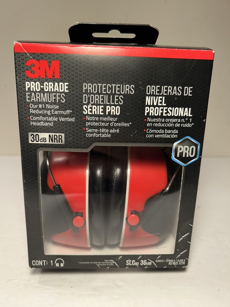 3M Pro-Grade Noise-Reducing Earmuff - NRR 30 dB Adjustable, Black/Red