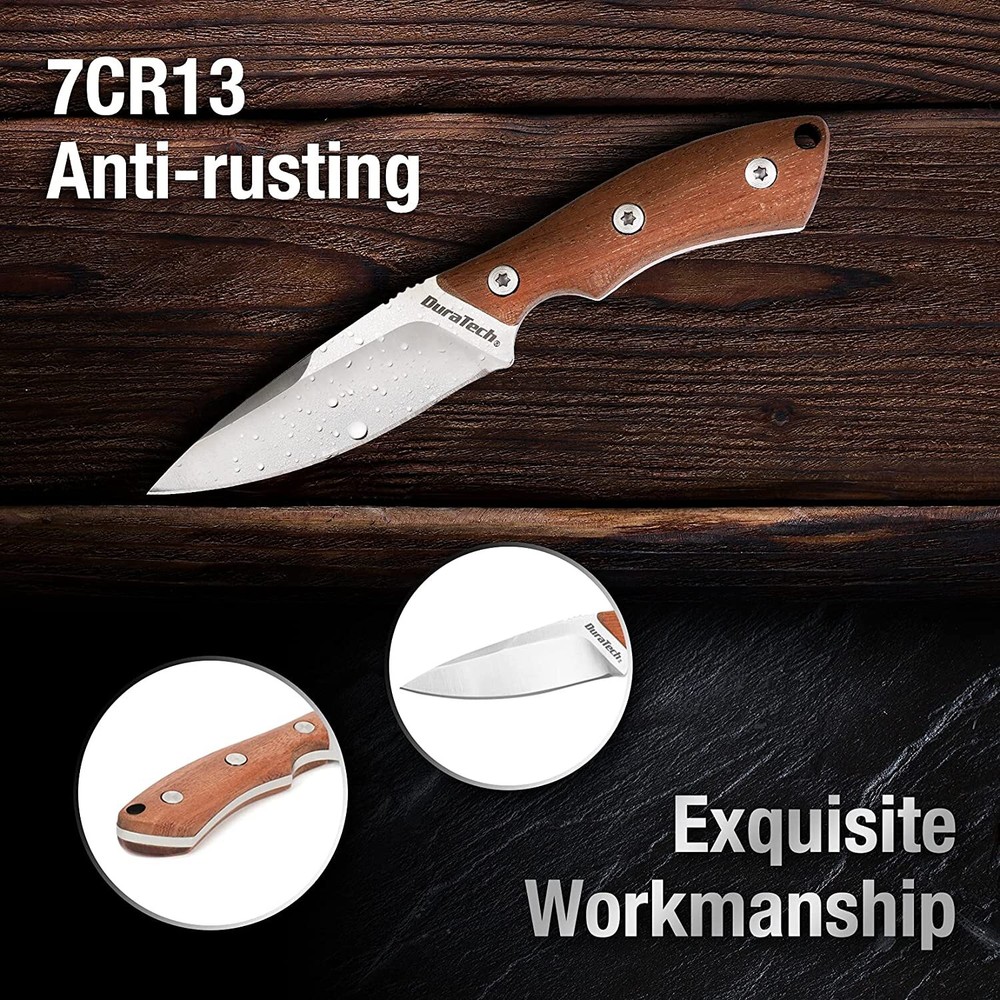 DURATECH Compact Fixed Blade Knife 6'' Full Tang Wood Handle with Molded Sheath