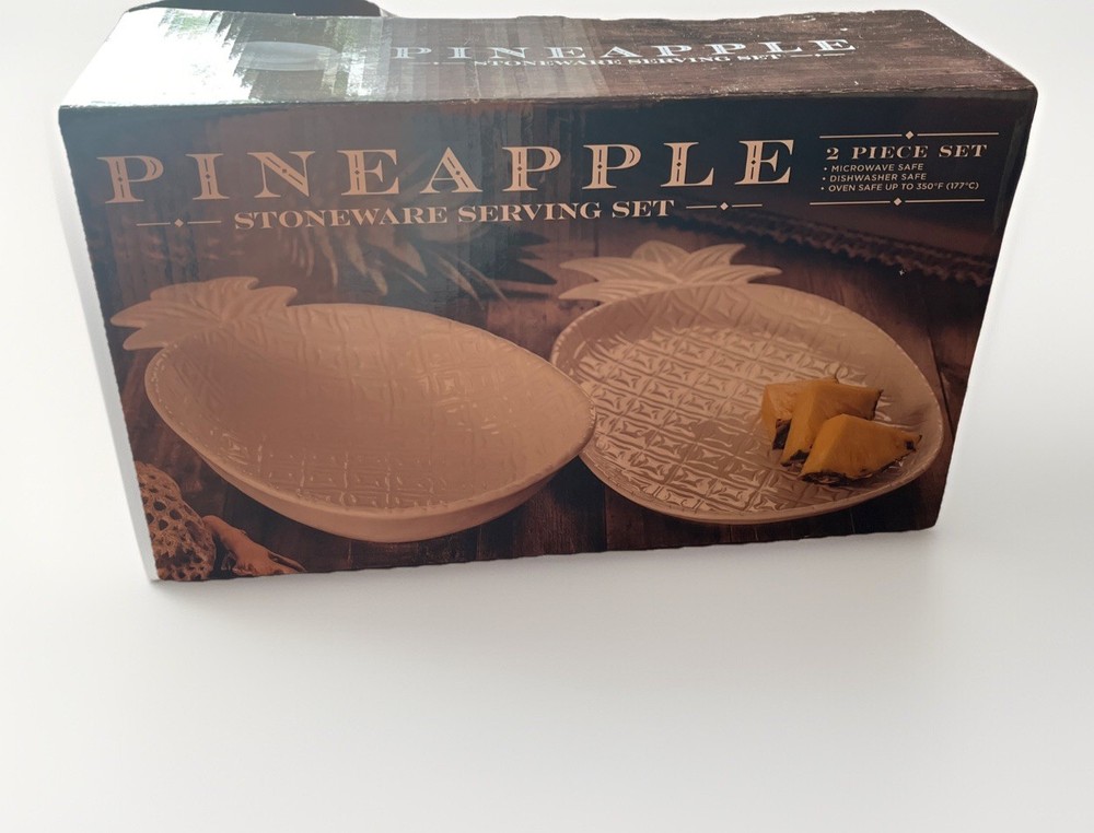 Stoneware 2pc Serving Set White Embossed Pineapple Bowl & Platter NEW Open Box