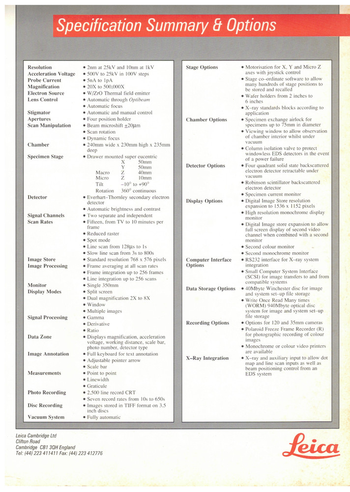 VINTAGE 1994 LEICA SCANNING ELECTRON MICROSCOPE BROCHURE/SPECIFICATIONS/QUOTE+++