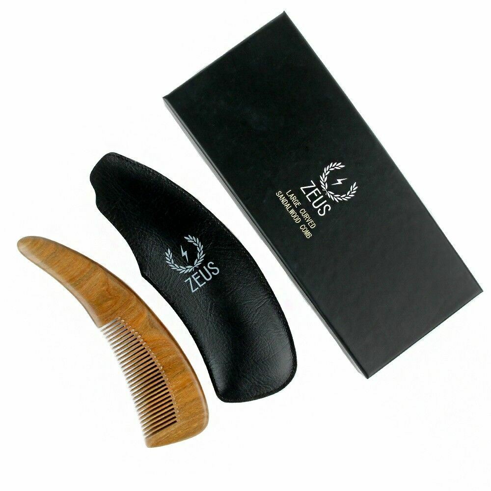 Zeus Large Curved Sandalwood Beard Comb with Sheath