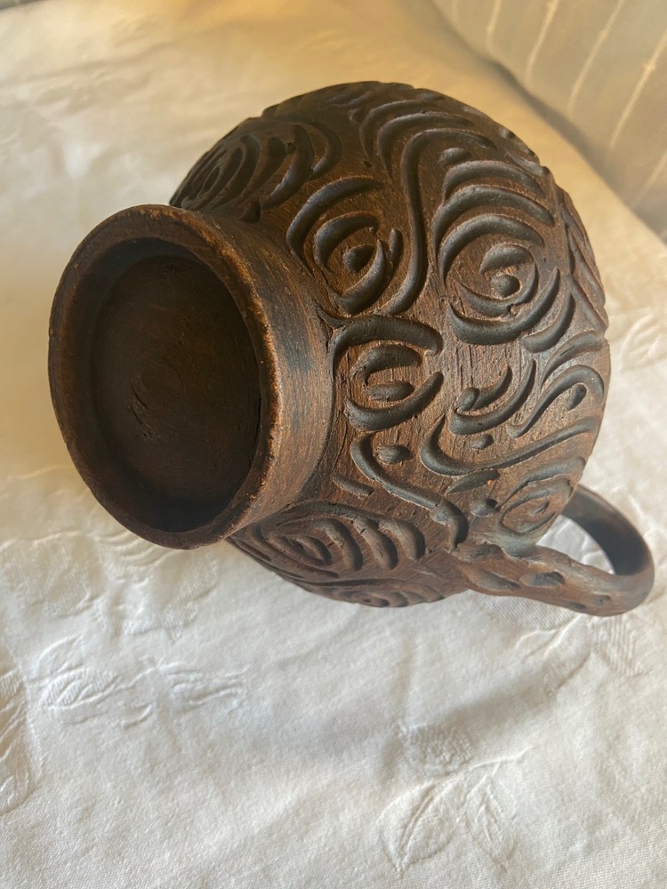 Clay Carved Small Pitcher from China Scrollwork Design 6 inches high