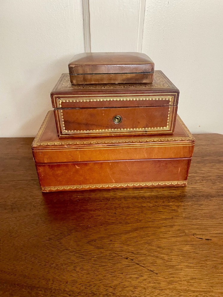 Leather Wrapped Box Early 20th C. w/ Gilded Fleur-de-lis