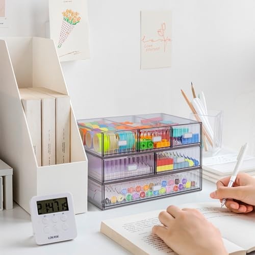 3 Tier Stackable Desk Organizer with 6 Drawers, Plastic Desktop Storage Clear