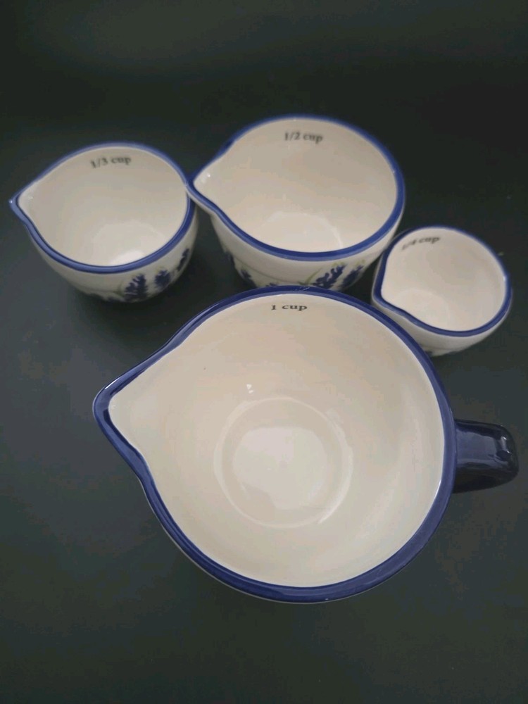 Haven Key Ceramic Nesting Measuring Cups Handpainted Blue White Florals Cottage