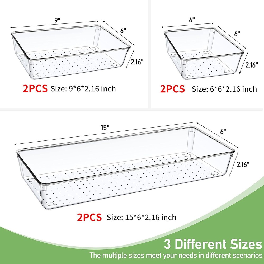 6 PCS Clear Plastic Drawer Organizer, Large 15 X 6 3-Size Acrylic Stackable Kitc