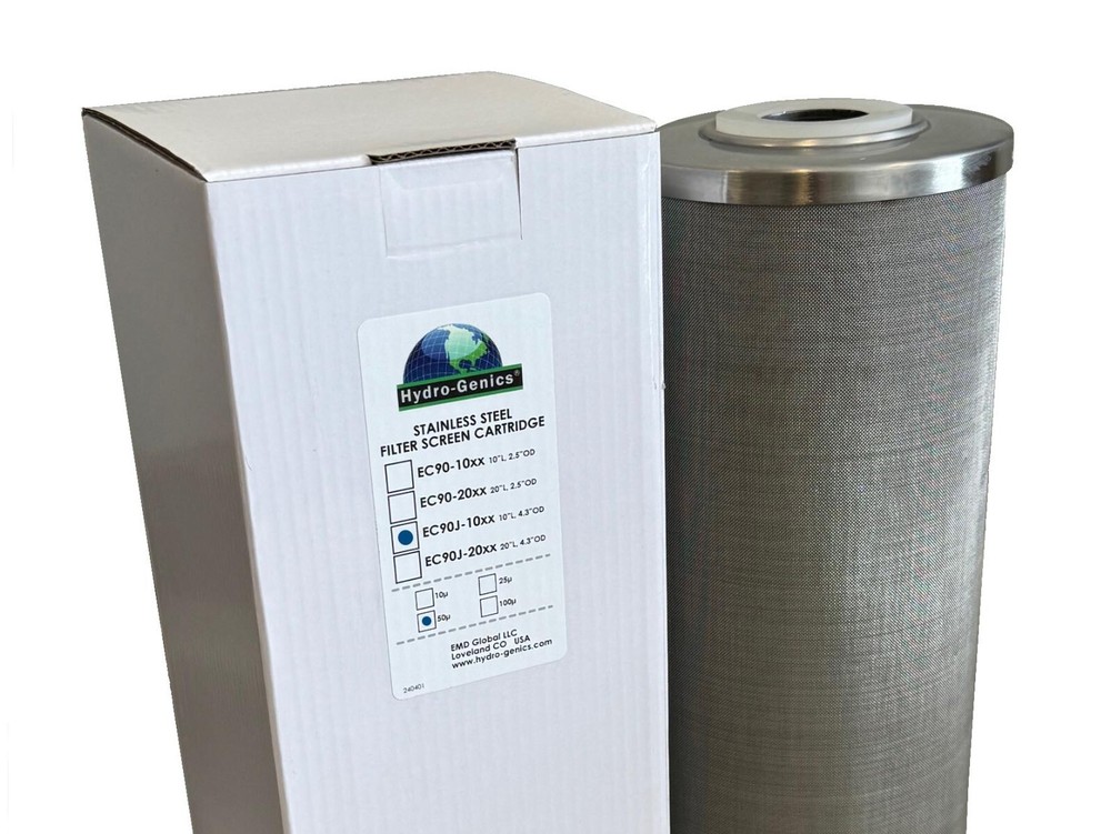 Hydro-Genics® Stainless Steel Cleanable Filter, 10" length, 4.3"OD, 50 micron