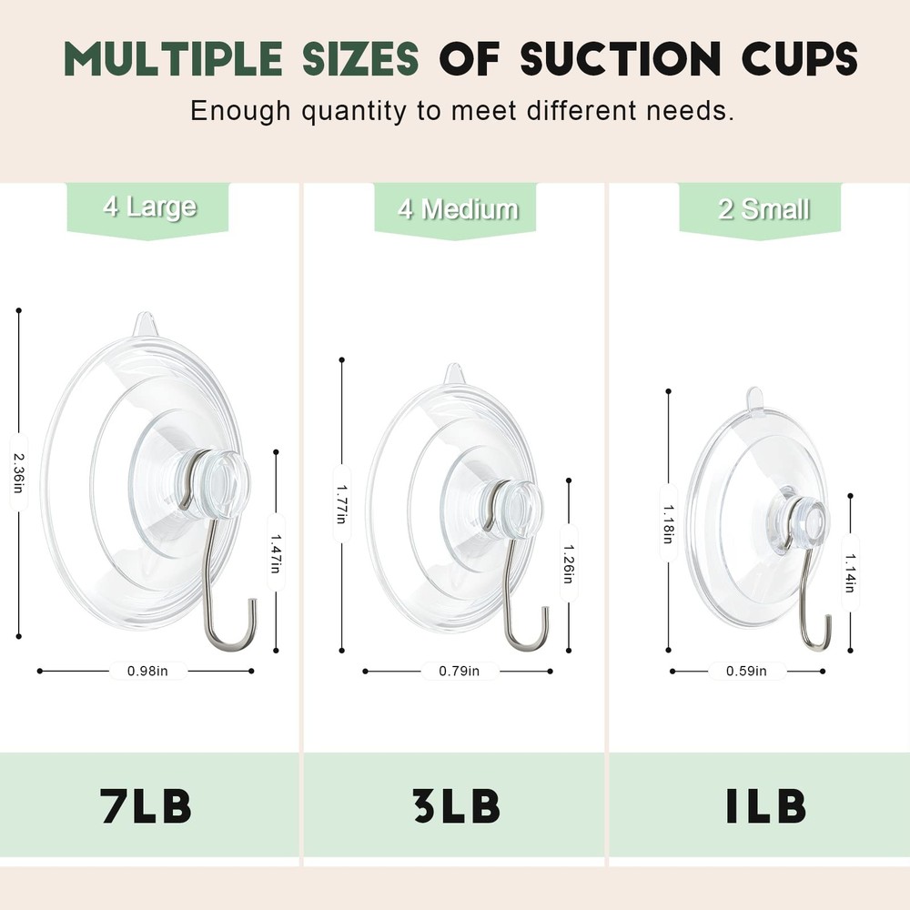 RELBRO Suction Cup Hooks, Multi Size 4 Large 4 Medium 2 Small, Clear