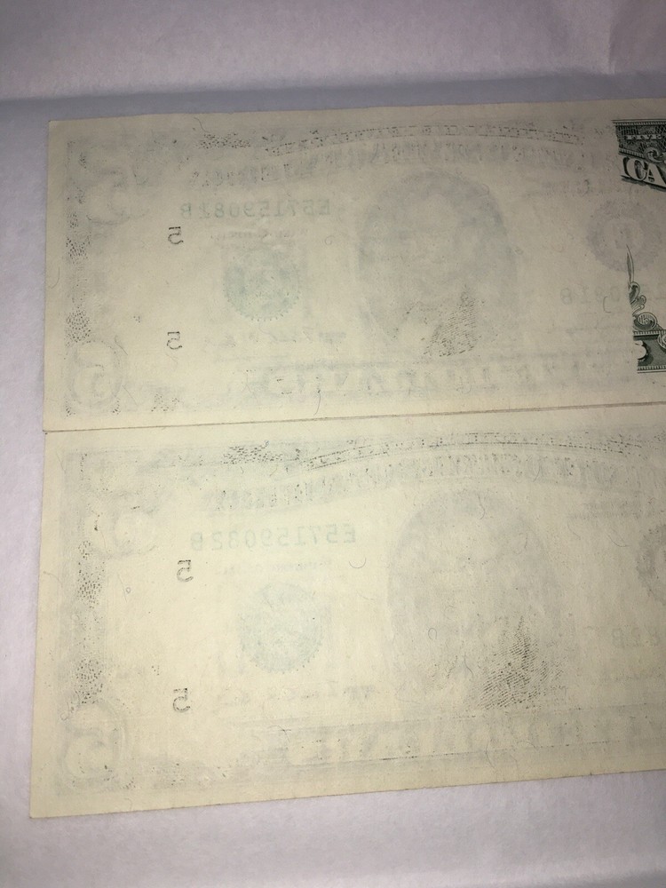 2 Consecutive 1988A $5 FRN's - Both w/ Major Obstructed Printing Error Reverse