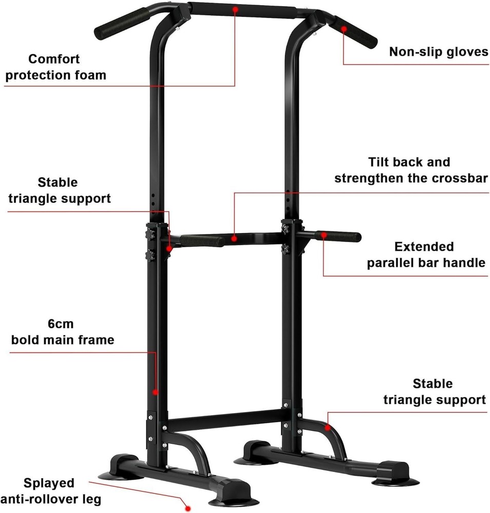 Adjustable Power Tower Pull Up Dip Station Strength Training Equipment Black