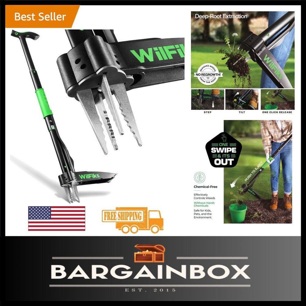 Adjustable Weed Puller Tool 36-45" with Quick-Release Ejector & 4-Claw Head