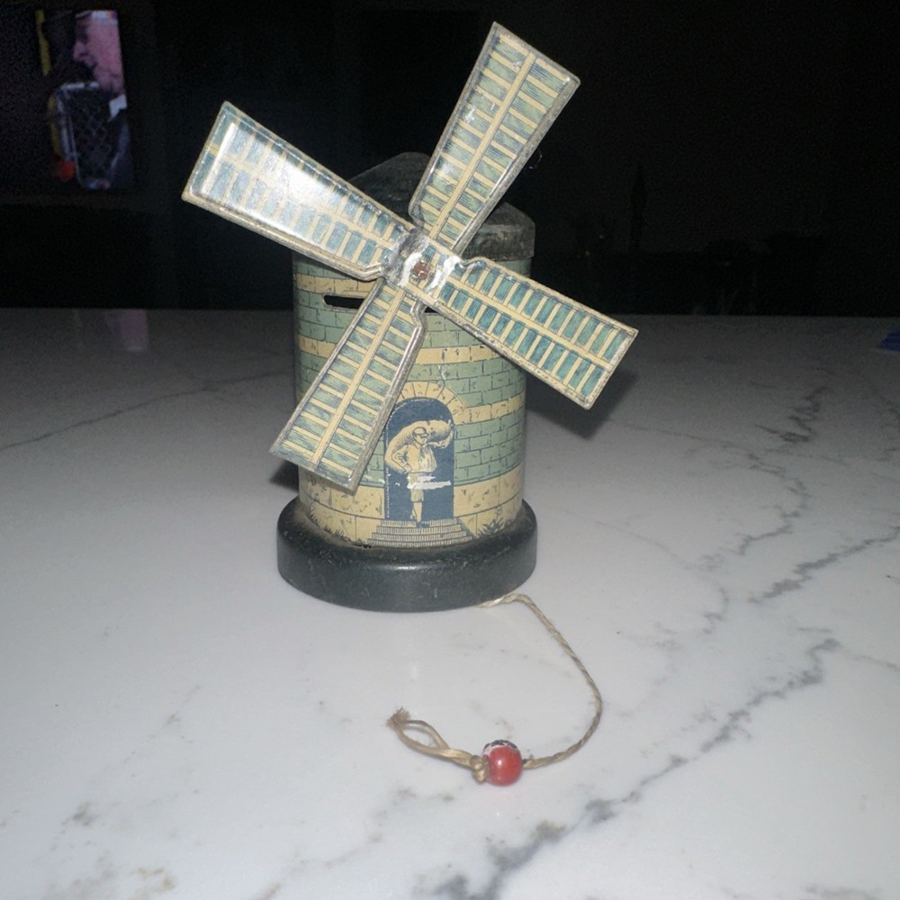 Antique tin windmill Blue And Cream pull toy Rare HTF