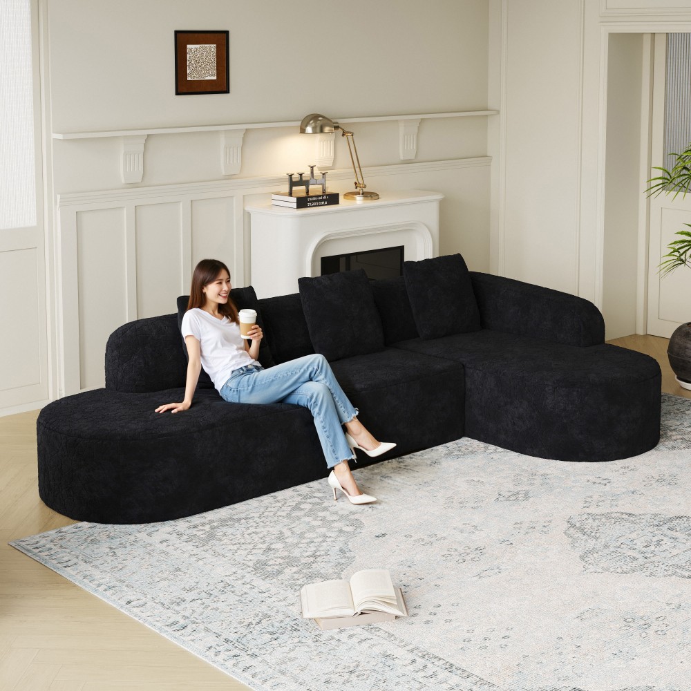 111.8'' Black L-shaped Curved Modular Sofa, Curved Backrest with Three Pillows