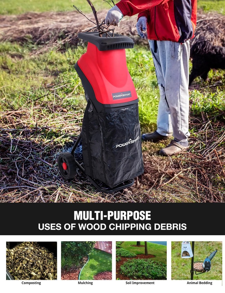 PowerSmart Electric Wood Chipper Shredder, with Bag, BLACK & RED