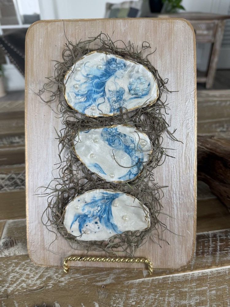 Handcrafted Decorative Mermaid Oyster Shell Art, Blue & White