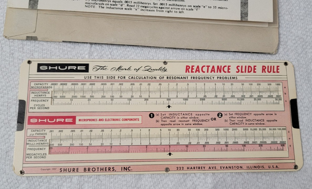 Vintage SHURE Capacitive/Inductive Reactance SlideRule Calculator & Booklet 1957