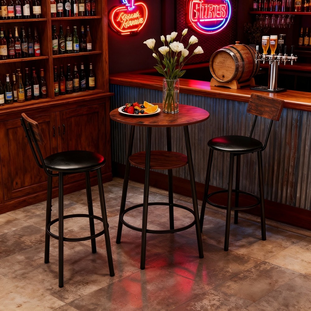 3 Piece Bar Table Set Round Counter Height Table w/ 2 PU Upholstered Bar Stools