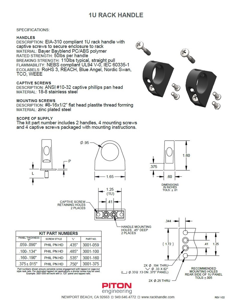 1U Rack Handle Kit, .16-.19" Panel. Use on any 19" rackmount equipment.