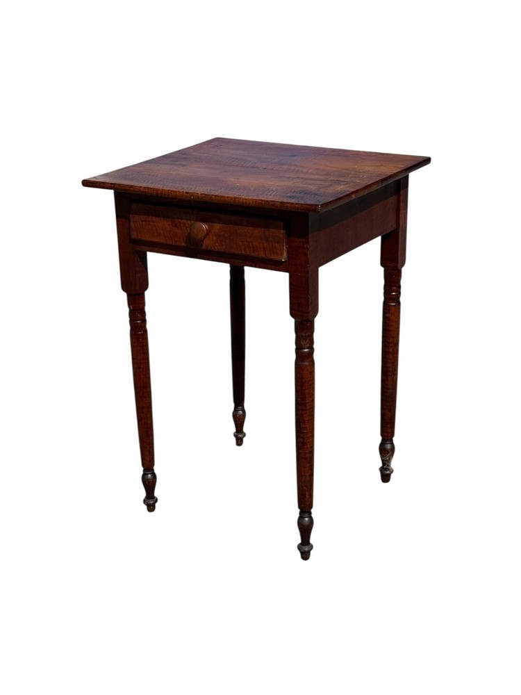 Antique tiger maple side table work stand 1 drawer sheraton 1820