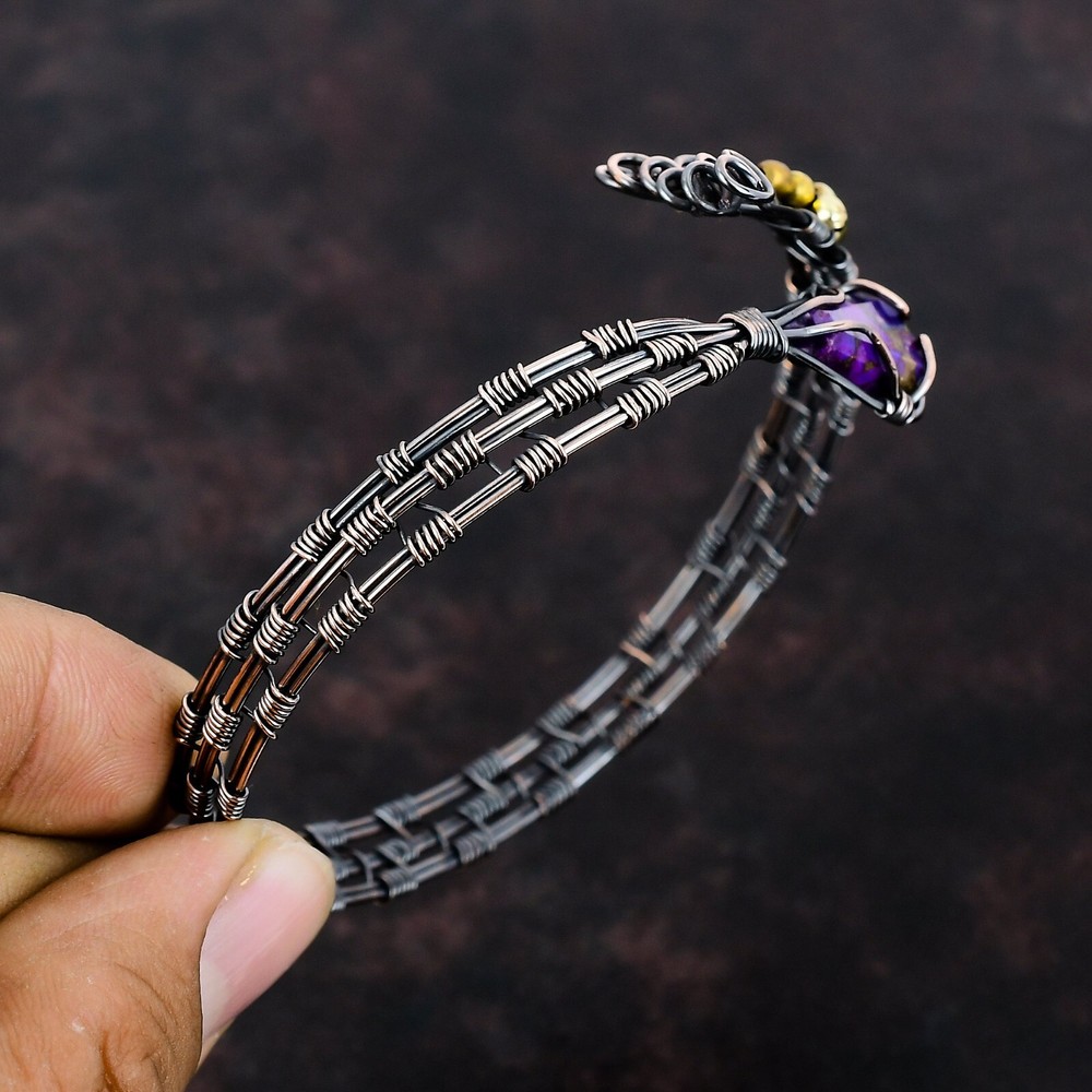 Natural Turquoise Gemstone Bangle Wire Wrapped Purple Adjustable Unknown Copper