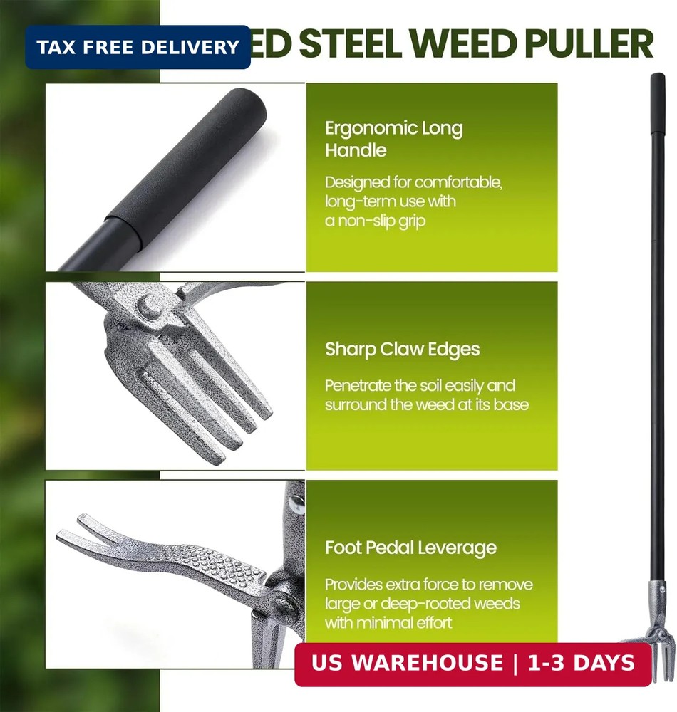 Weed Puller, Stand Up Weed Puller Tool with Steel Long Handle, 4 Claw Steel Head