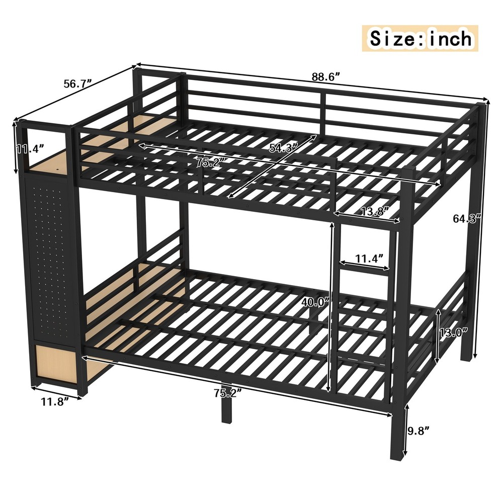 FUNIDEE Full over Full Size Metal Bunk Bed Frame with Shelves Drawers & Pegboard