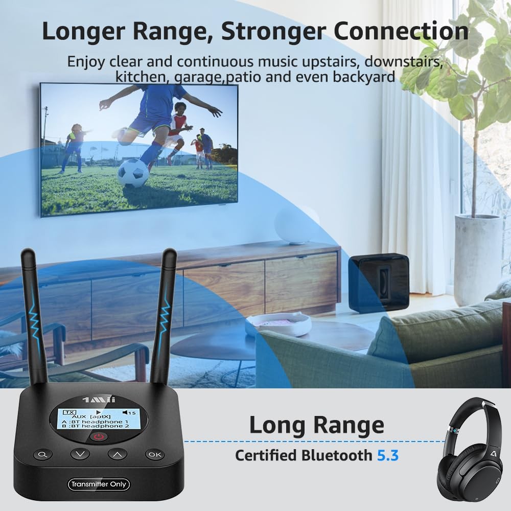 B06TX+ Long Range Bluetooth 5.3 Transmitter for TV/PC/Projector to 2 Wireless...