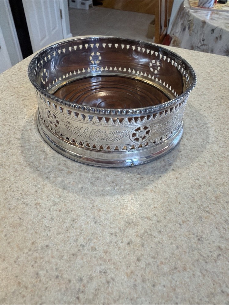 Vtg Silver Plated Neoclassical Wine Coaster With Walnut Insert Unbranded