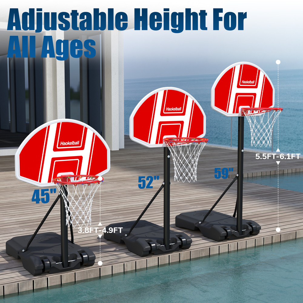 Pool Side Basketball Hoop Adjustable Height LED String Light Swimming Pool Game