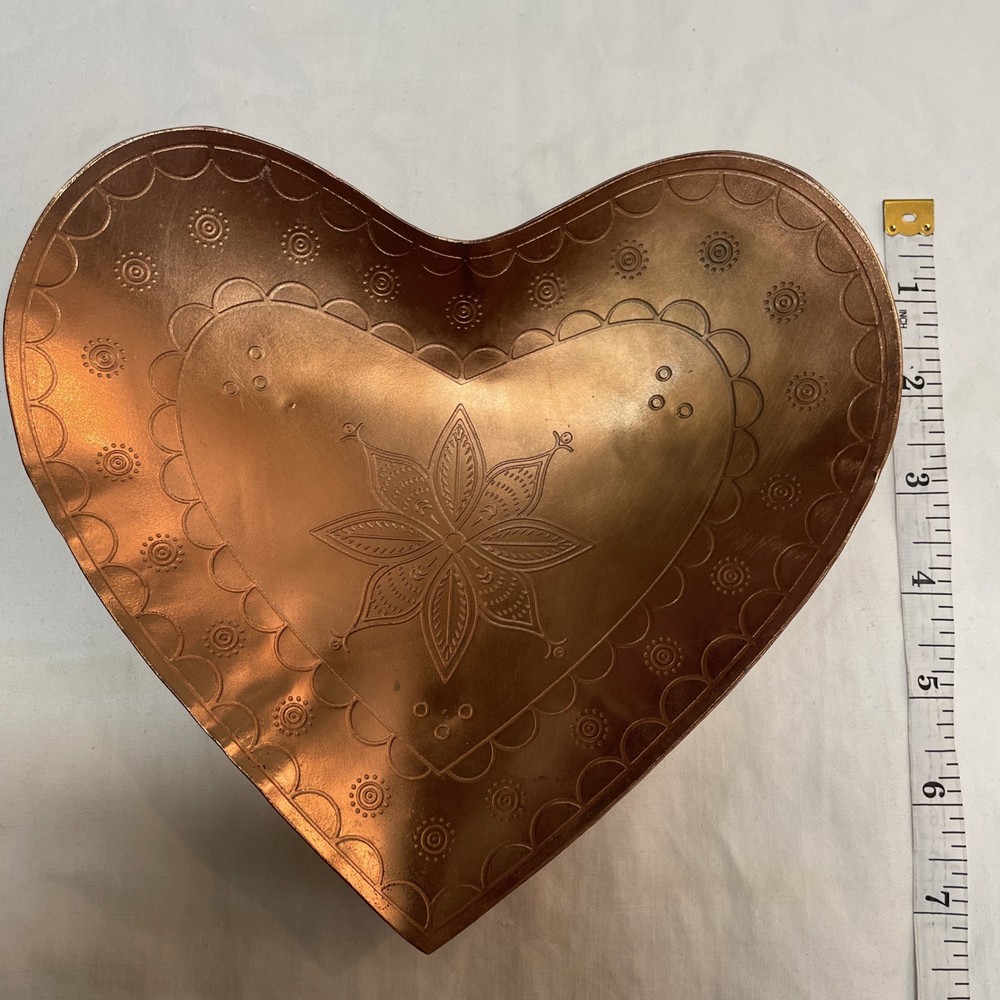 Decorative Heart-Shaped Etched Copper Footed Plate 7”