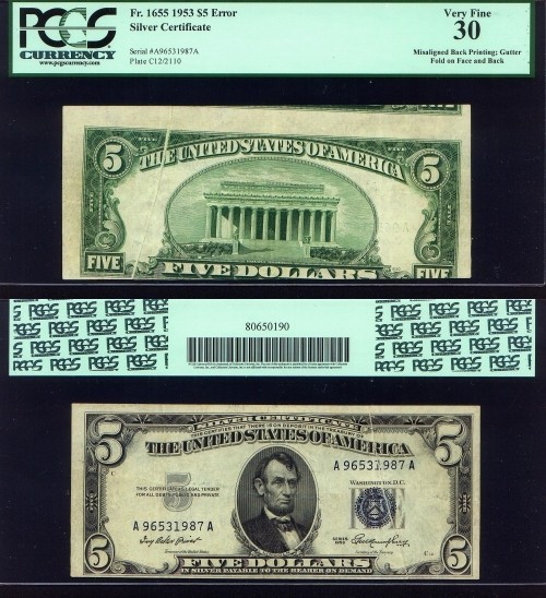 RARE Misaligned & Gutterfold ERROR = 1953 $5 Silver Certificate = PCGS graded