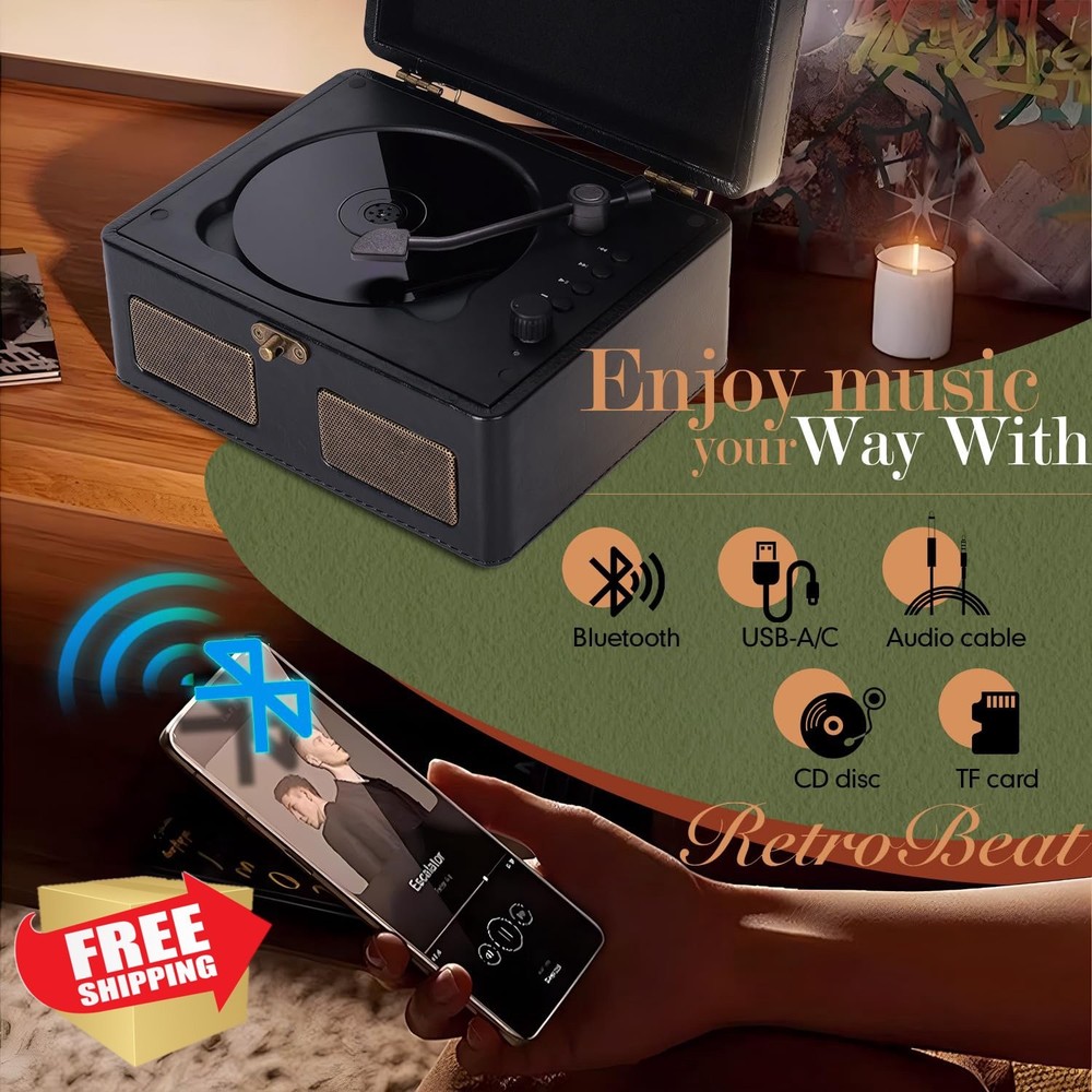 RetroBeat Time Portable Music Box, CD Bluetooth Transmitter, Black