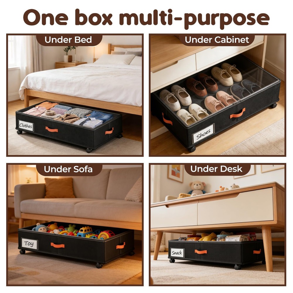 Under Bed Storage with Wheels 2-Pack, Under Bed Storage Containers 66L Clear ...