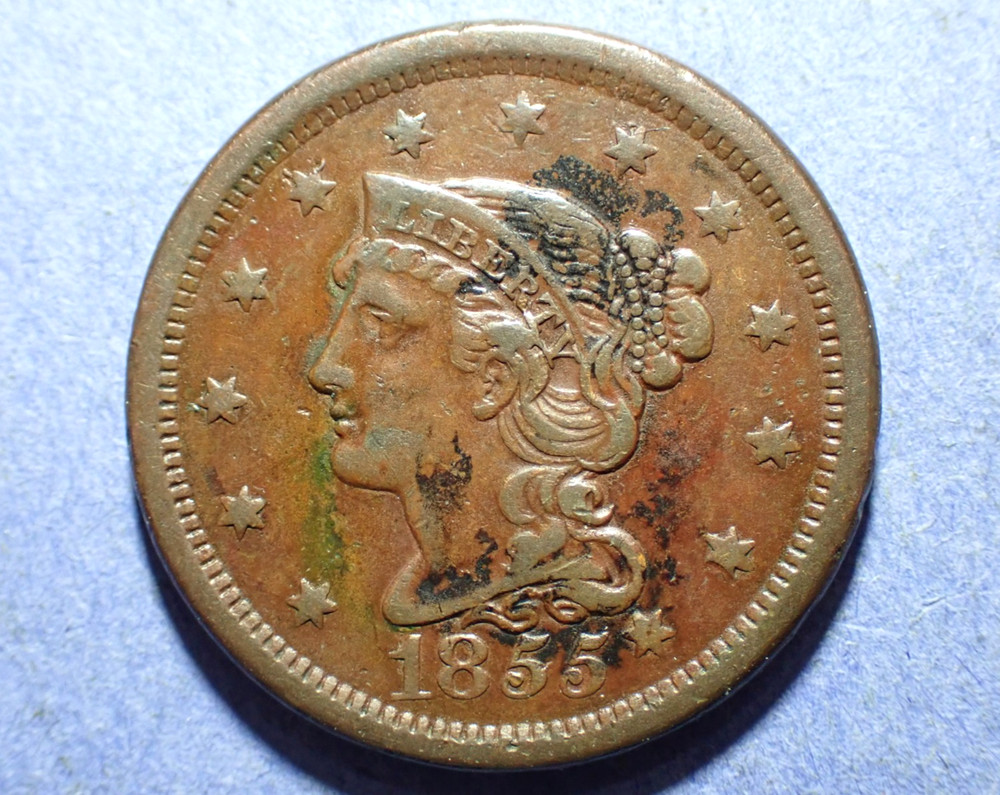 1855 Knob On Ear Large Cent  VF